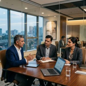 CTO headhunting SaaS India - Professional tech leader shaking hands with a corporate executive
