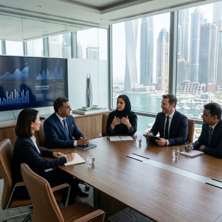executive search real estate developers UAE - Dubai skyline with modern skyscrapers at sunset, symbolizing real estate development