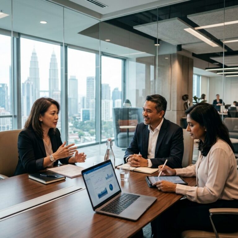 CFO search e-commerce Malaysia - Diverse group of C-level executives in a modern office meeting