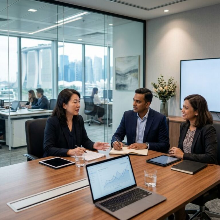 Managing Director search fintech Singapore - Leaders shaking hands in a modern, high-tech office environment