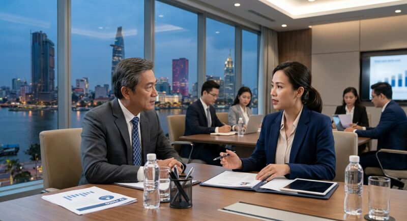 General Director search FMCG Vietnam - Two executives shaking hands in a boardroom