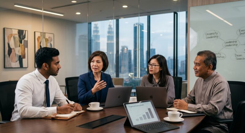executive search education sector Malaysia - Professional executive shaking hands with a new leader in an academic setting