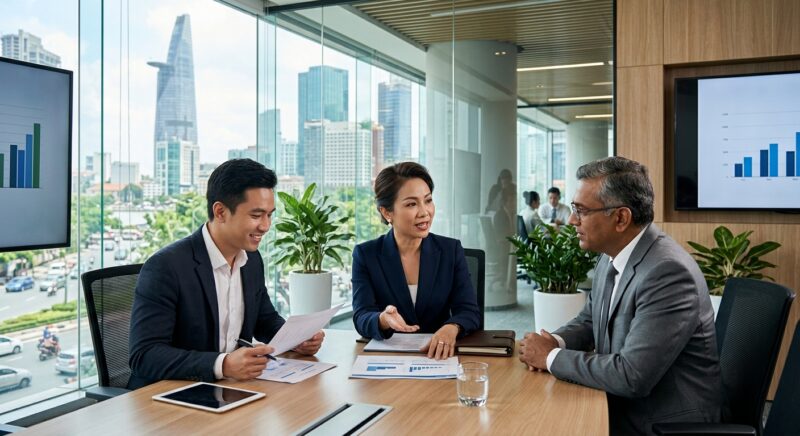 CFO headhunting insurance Vietnam - Professional financial executive looking at a digital tablet