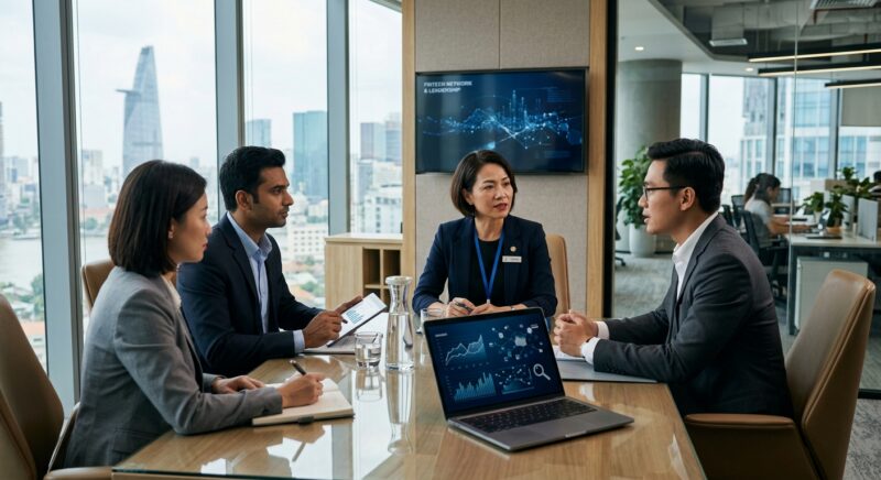 CTO search fintech Vietnam - Two executives shaking hands in a modern office, representing successful leadership placement