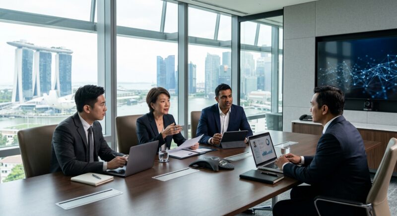 executive search pharmaceutical industry Singapore - Diverse group of pharmaceutical professionals in a Singapore office setting