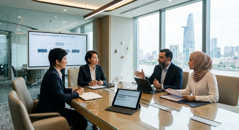 interim CEO search Vietnam - Diverse group of executives collaborating around a conference table