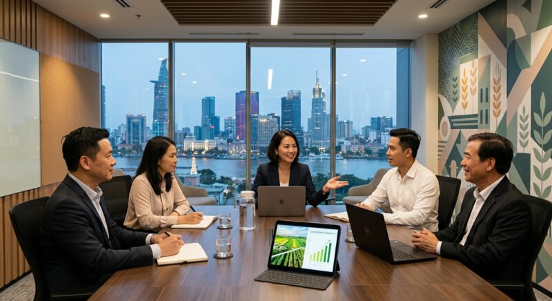 executive search agribusiness Vietnam - Business leaders discussing strategy in a modern office