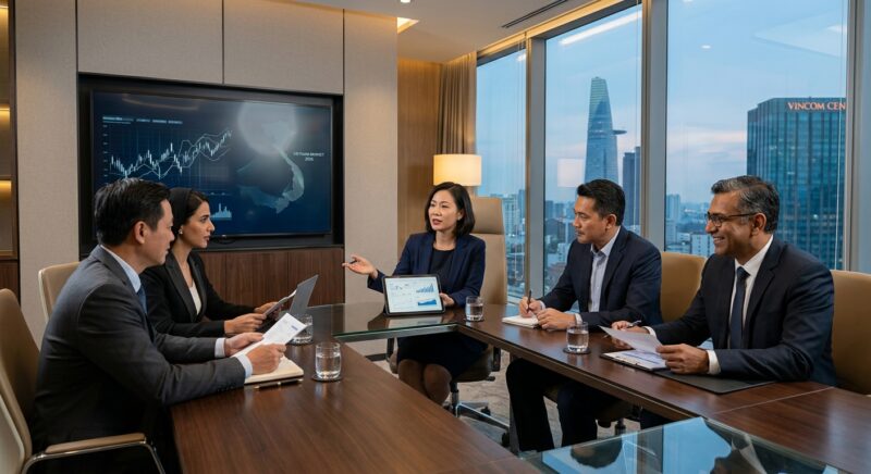 CFO recruitment Vietnam 2026 - A diverse team of professionals collaborating in a strategic planning meeting