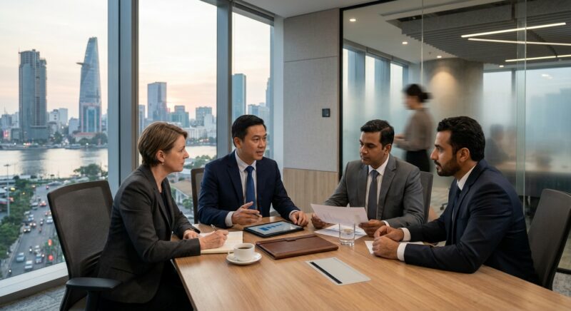 CFO recruitment Vietnam 2026 - Diverse team of professionals collaborating on a financial report
