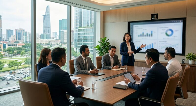 C-suite headhunting Vietnam 2026 - Diverse group of business leaders collaborating in a modern office