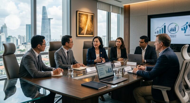 executive search F&B industry Vietnam - Professional executive shaking hands with a new hire in a corporate setting