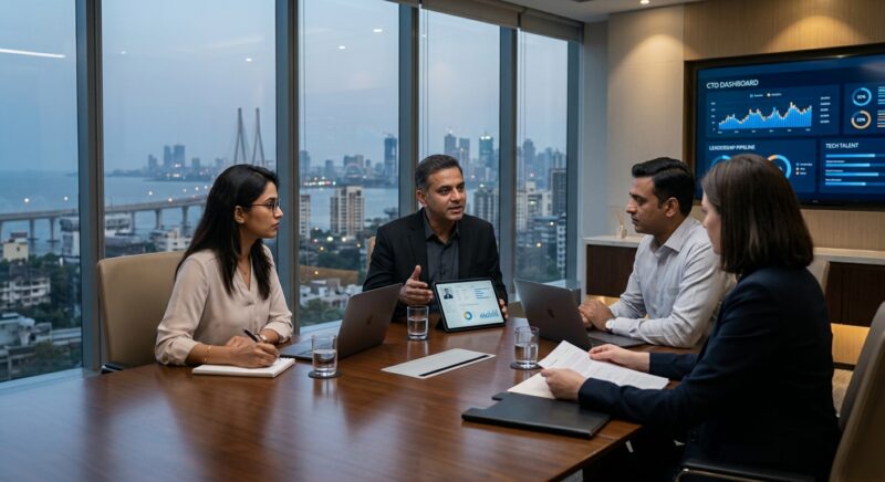 CTO headhunting SaaS India - Diverse team of executives collaborating in a modern office