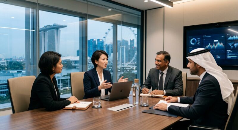Managing Director search fintech Singapore - Diverse team collaborating on a digital interface in a modern office