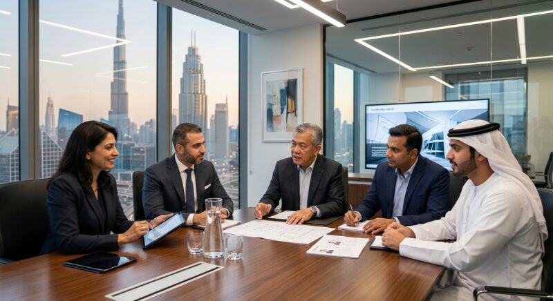 executive search real estate developers UAE - Business executives shaking hands in a modern office, representing successful executive placement