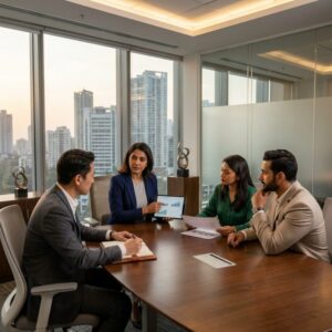 executive search firm India 2026 - Professional business meeting discussing executive talent acquisition strategies.