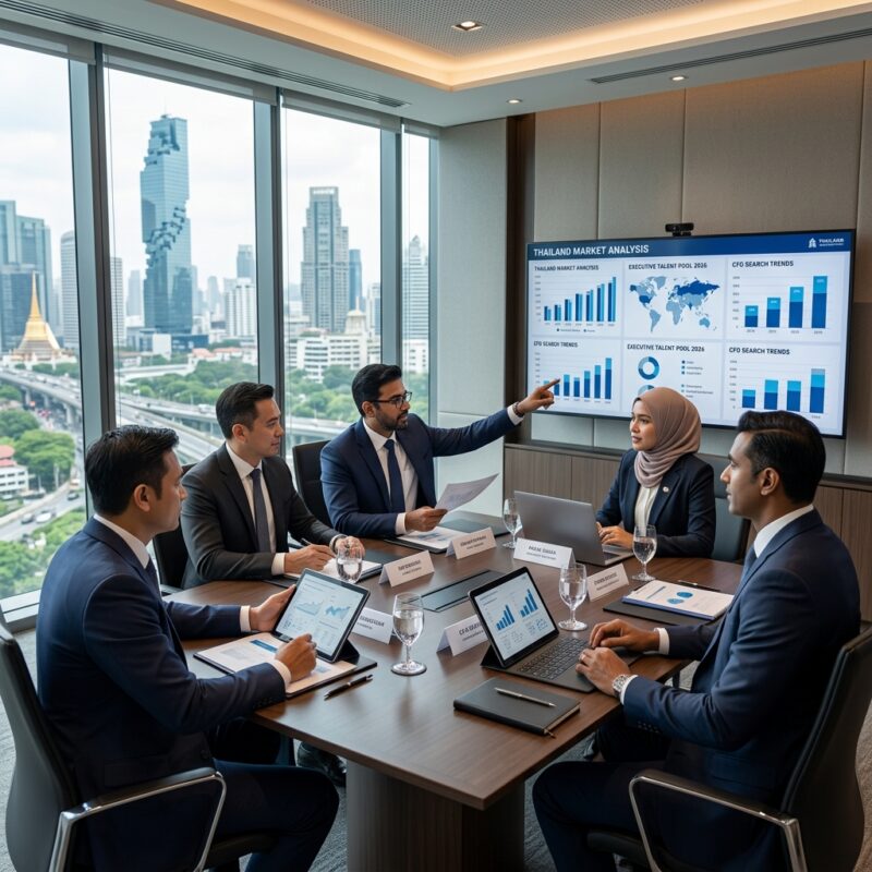 CFO headhunting Thailand 2026 - Executive business leaders collaborating in a modern office boardroom