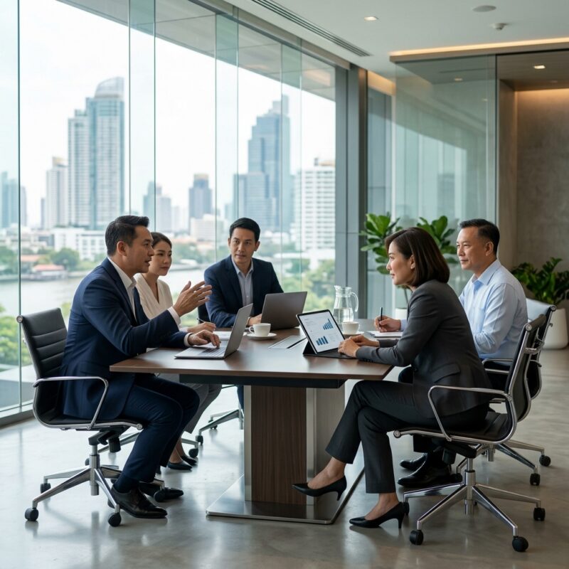 executive search Thailand 2026 - Professionals collaborating in a modern office environment, symbolizing executive teamwork