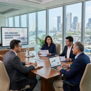 CFO search manufacturing India - Financial professional reviewing manufacturing data on a tablet