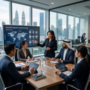 senior manager headhunting Malaysia 2026 - Professionals in a modern office collaborating around a table.