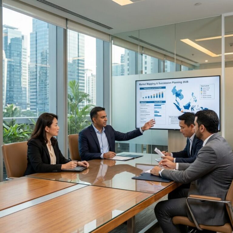 executive search Indonesia 2026 - Professional business leaders in a modern Jakarta office discussing strategy.