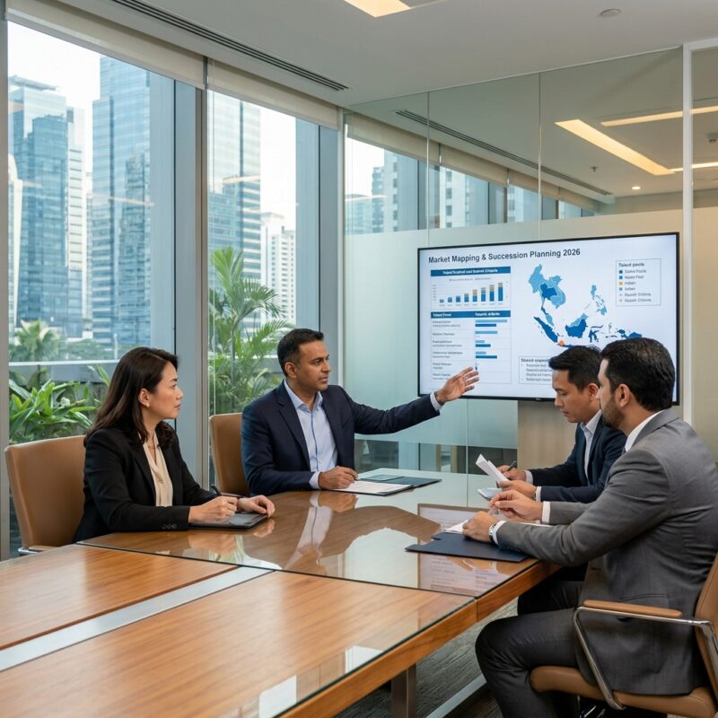 executive search Indonesia 2026 - Professional business leaders in a modern Jakarta office discussing strategy.