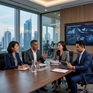 CHRO recruitment Indonesia 2026 - Executive HR leader discussing strategy with a diverse team in a modern office