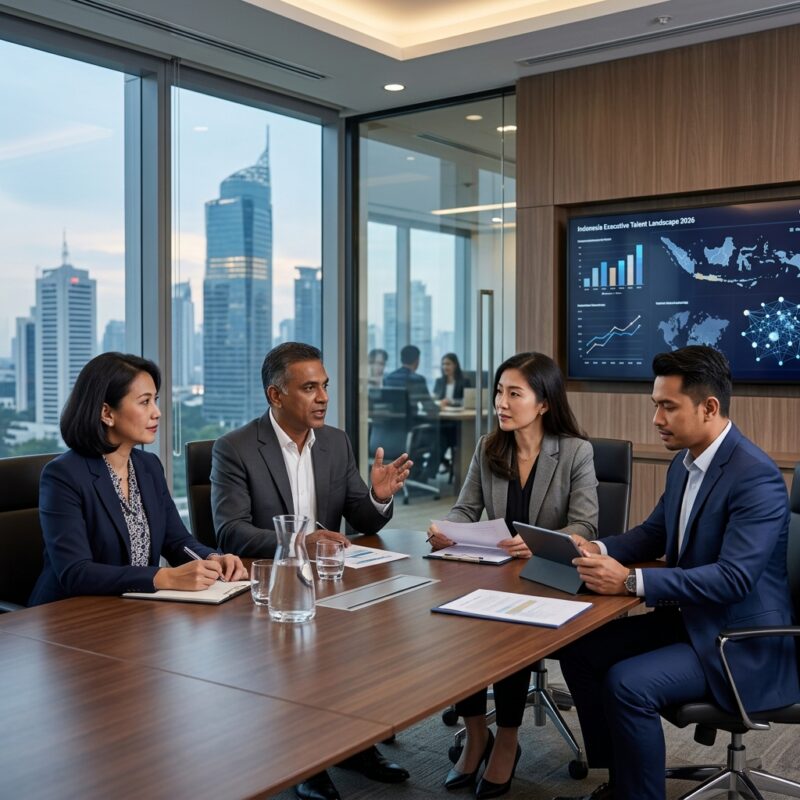 CHRO recruitment Indonesia 2026 - Executive HR leader discussing strategy with a diverse team in a modern office