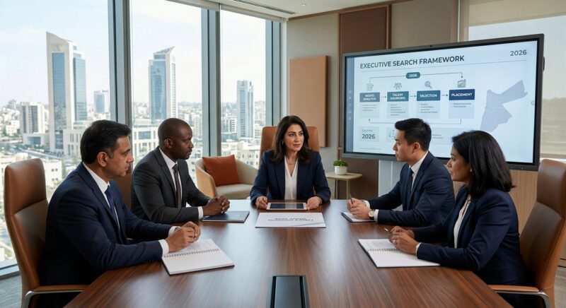 executive search for family businesses Jordan 2026 - Team meeting discussing leadership succession in a family business