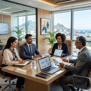 retained executive search fees Mauritius 2026 - Business professionals discussing executive search services in an office setting