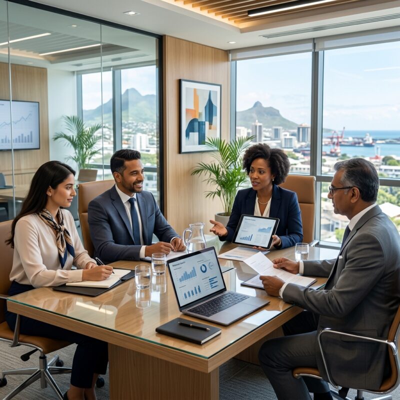 retained executive search fees Mauritius 2026 - Business professionals discussing executive search services in an office setting