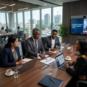 how to choose an executive search firm in Ghana 2026 - Professional business team discussing executive recruitment strategy in an office
