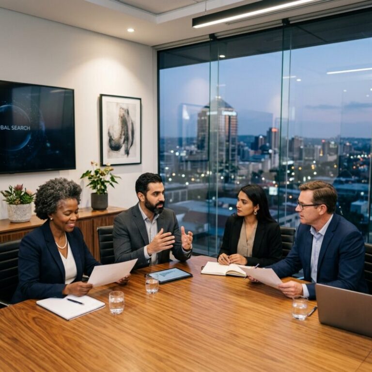 retained executive search firms Johannesburg 2026 - Business professionals discussing leadership recruitment strategy in an office