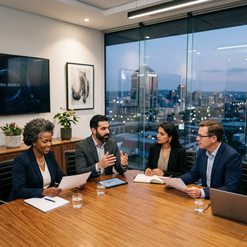 retained executive search firms Johannesburg 2026 - Business professionals discussing leadership recruitment strategy in an office