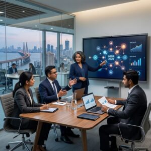 CTO headhunting India 2026 - Business leaders in a modern office collaborating on a tech project.