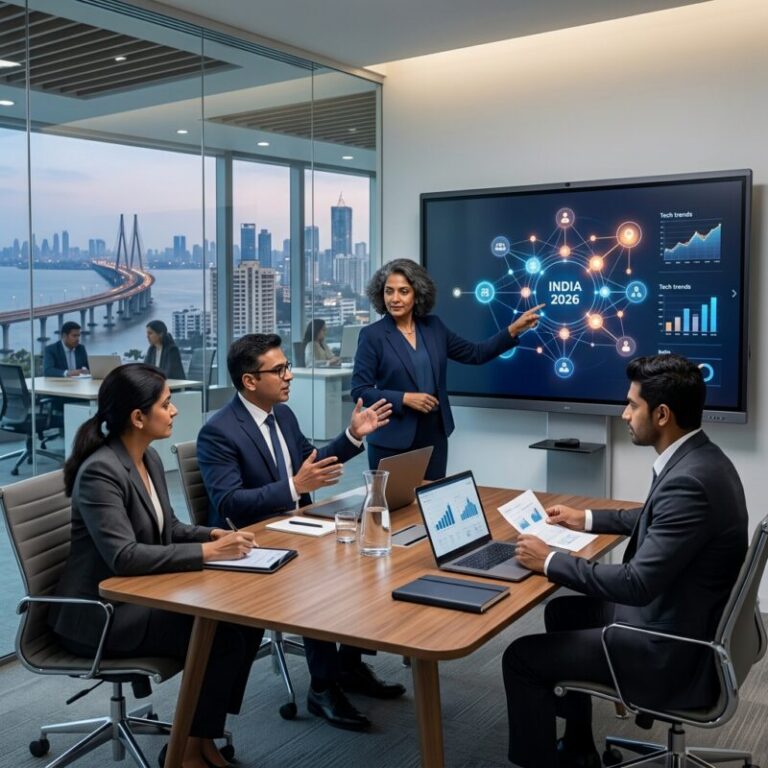 CTO headhunting India 2026 - Business leaders in a modern office collaborating on a tech project.
