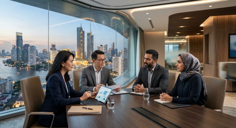 CFO headhunting Thailand 2026 - Global team conducting a virtual executive recruitment meeting
