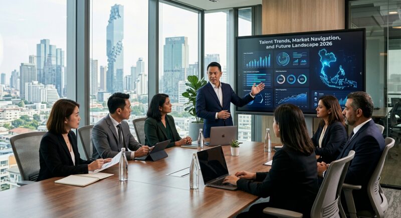 C-level recruitment Thailand 2026 - Diverse C-suite executives shaking hands in a global business setting