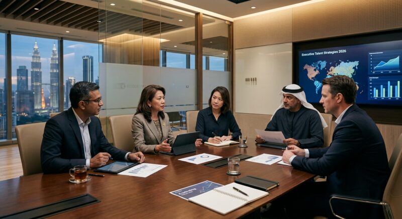C-suite hiring Malaysia 2026 - Diverse team of executives planning strategy on a world map.