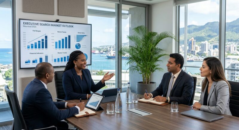 retained executive search fees Mauritius 2026 - Infographic illustrating executive search fee breakdown and recruitment stages