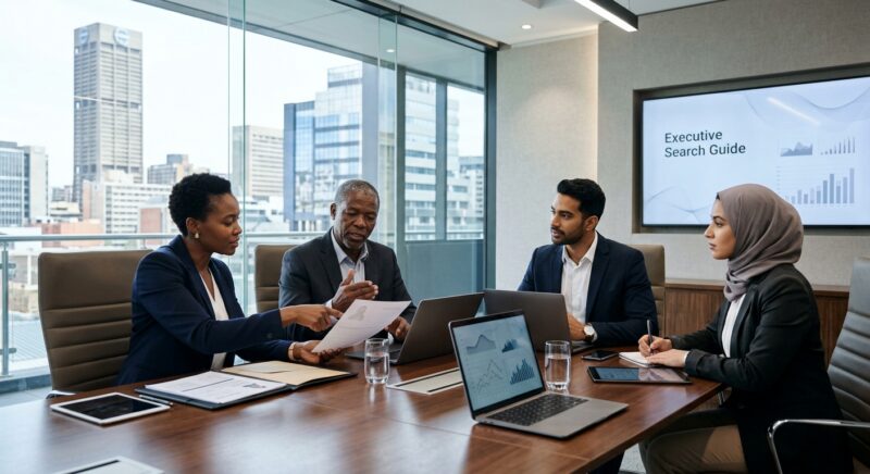 how to hire a CEO in South Africa 2026 - Executive search process illustration with candidate profiles and assessment tools