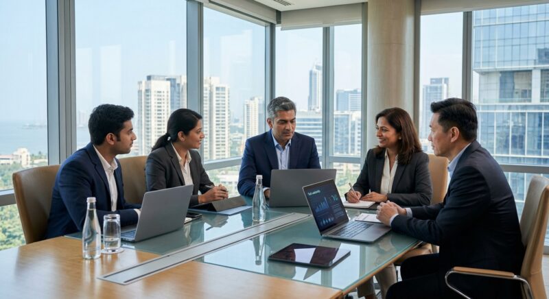 CTO headhunting India 2026 - A diverse team of executives in a boardroom discussing strategy.