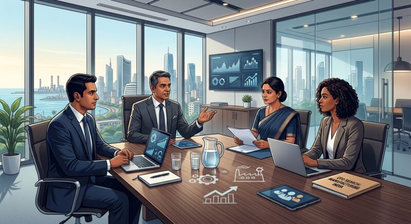 CFO search manufacturing India - Global team collaborating on a strategic financial plan