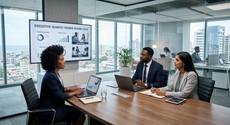 headhunting company Ghana 2026 - Team reviewing leadership candidates’ profiles on digital devices