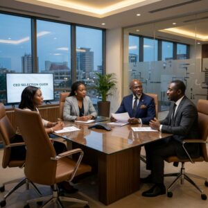 how to hire a CEO in Ghana 2026 - Professional business meeting with diverse executives discussing leadership recruitment