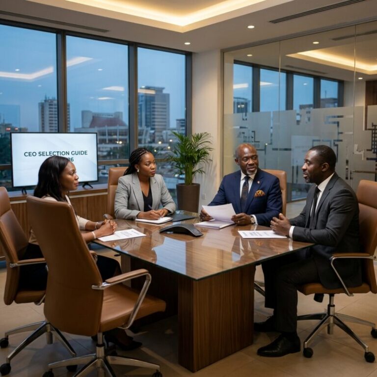 how to hire a CEO in Ghana 2026 - Professional business meeting with diverse executives discussing leadership recruitment