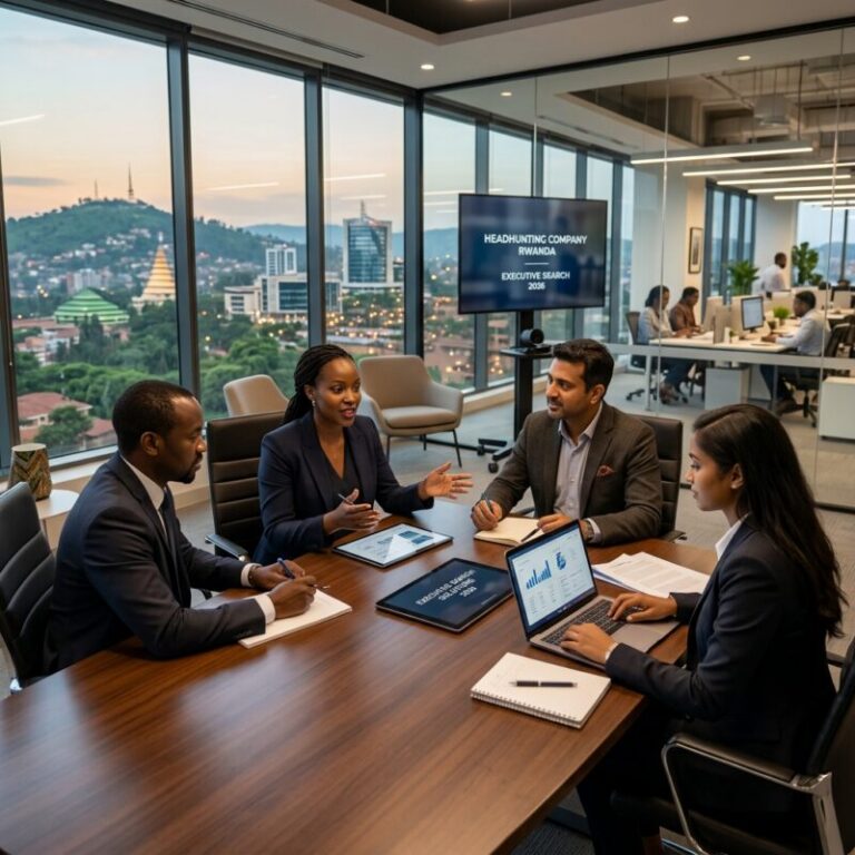 headhunting company Rwanda 2026 - Business professionals discussing executive recruitment strategy in a modern office