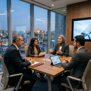 executive search for family businesses Jordan 2026 - Business executives shaking hands in a modern Jordanian office